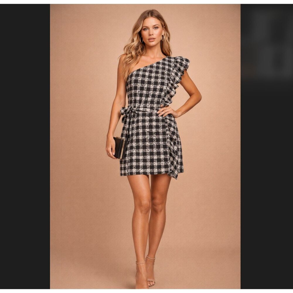 Lovers + Friends One Shoulder Mini Dress L Black Ivory Ruffle Revolve Seana NWT